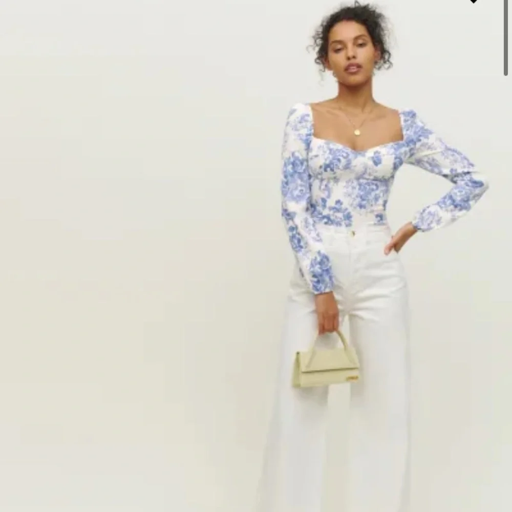 Reformation Blue and White Floral Square-Neck Long Sleeve Top